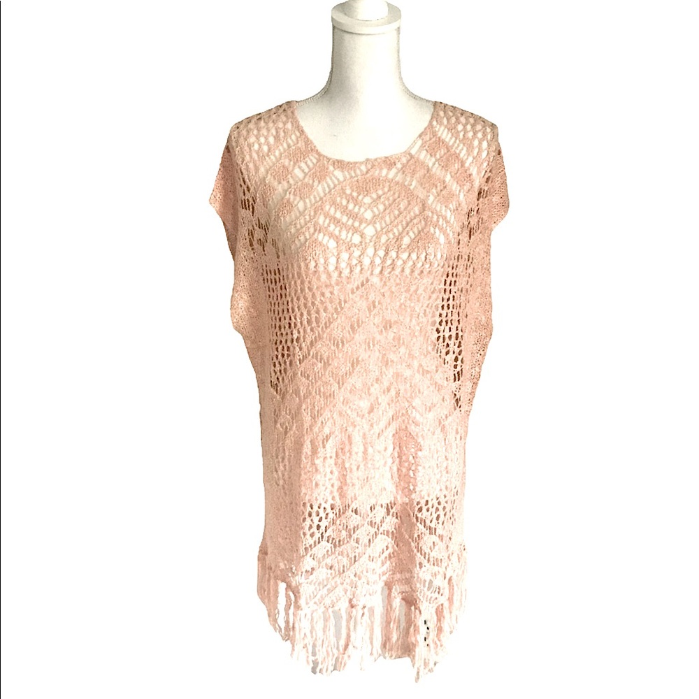 Crocheted Poncho with Fringed Bottom in Pale Peach, OS